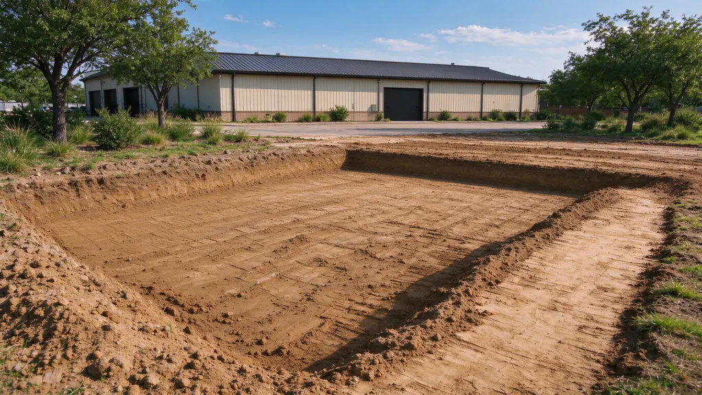 Broad dry commercial excavation separated from the building