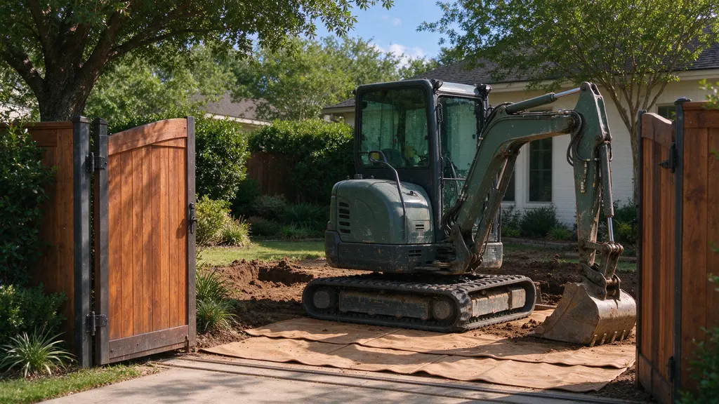 Compact excavator at an open side gate with protective ground covering