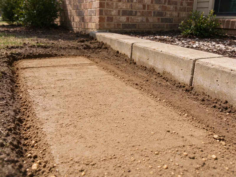 Compacted backfill surface beside a low garden curb