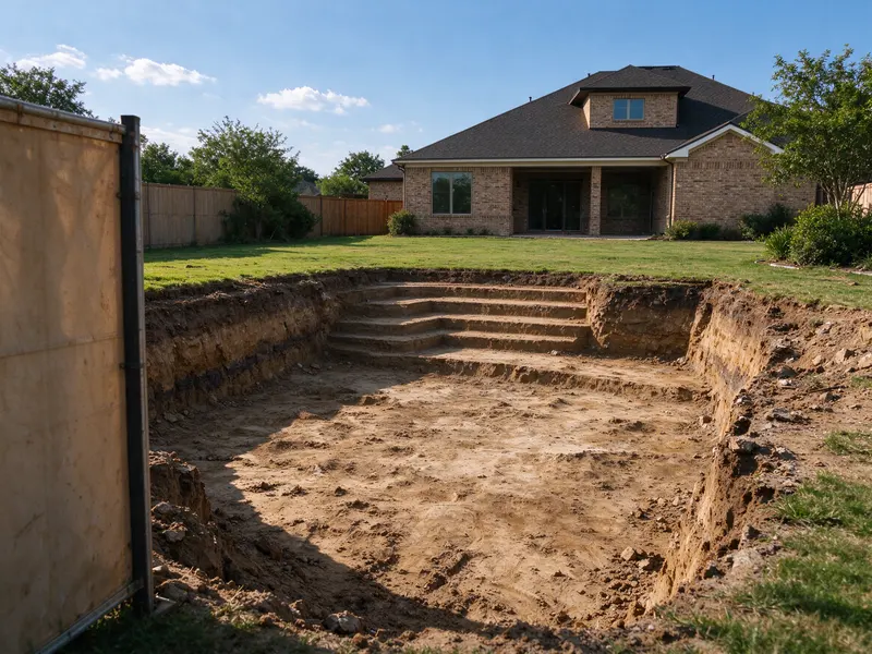 Empty pool excavation with a stepped end and dry floor