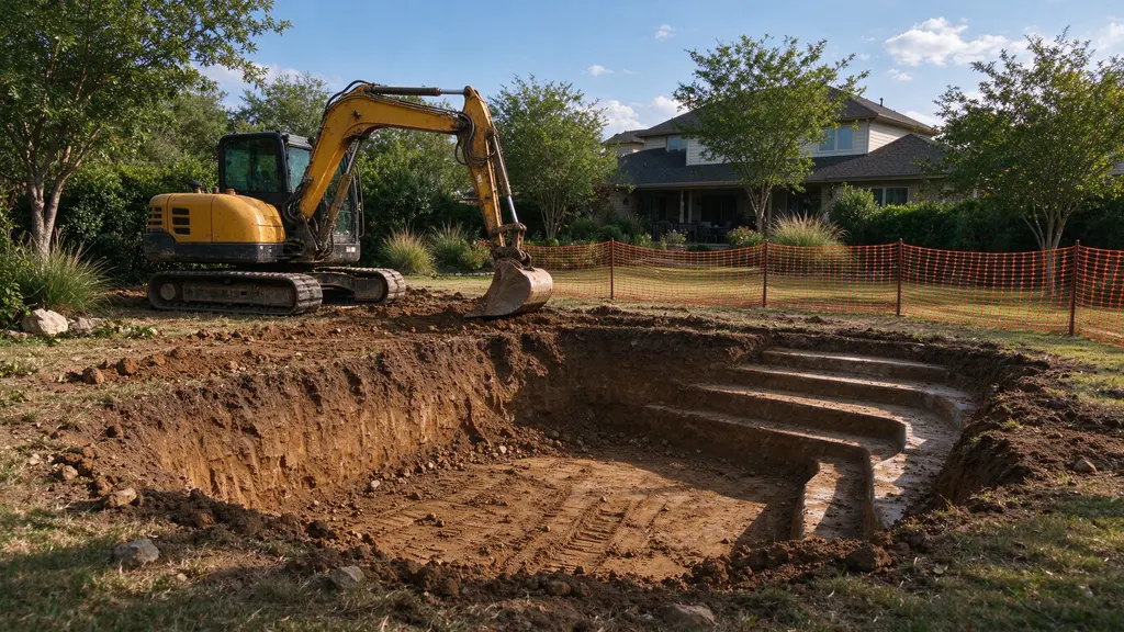 Empty residential pool excavation with a stepped shallow end