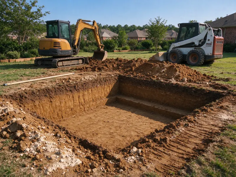 Foundation excavation footprint with a low earth bench and measurement staff