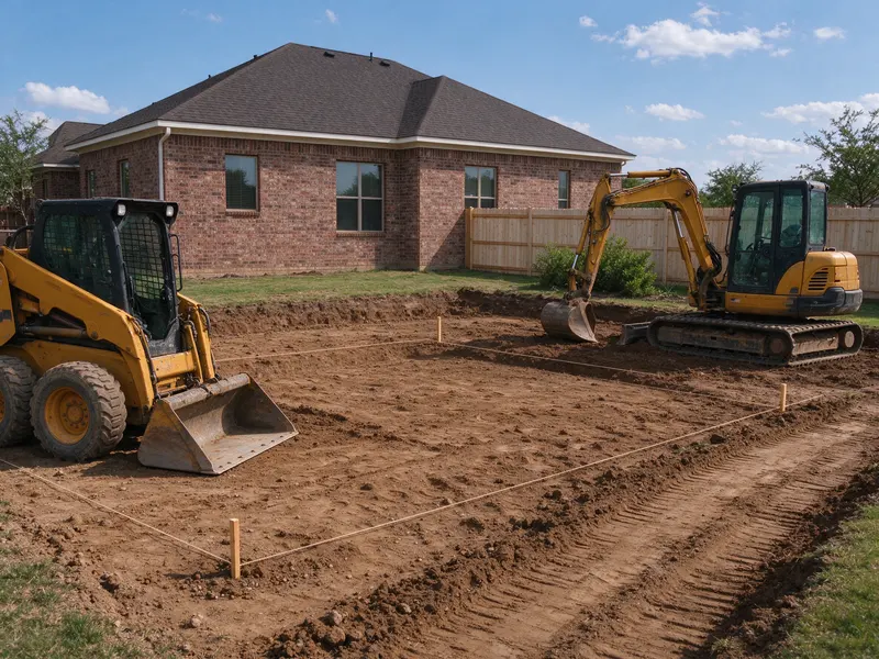 Pool layout on prepared backyard in Frisco, Texas