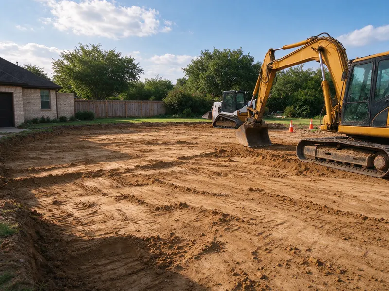 Rough prepared residential soil with ruts and mounds before finish grading