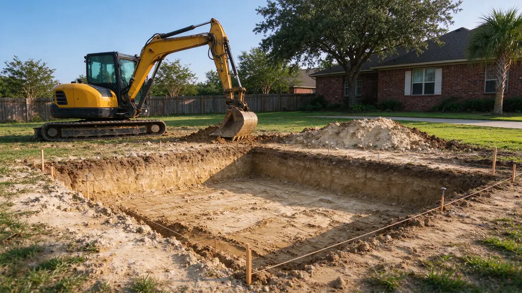 Shallow addition excavation beside a brick home in Frisco, Texas