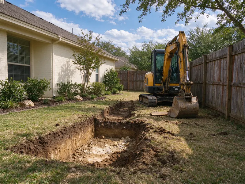 Small side-yard excavation separated from the house and fence by intact ground