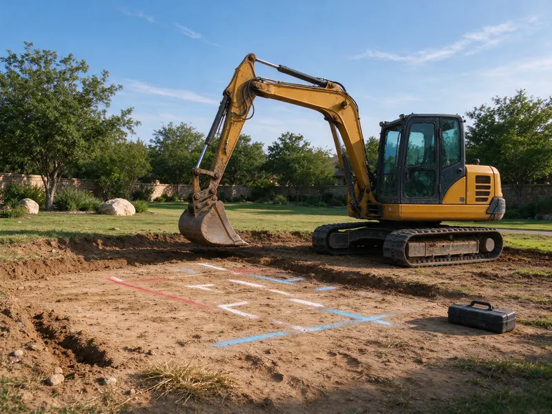 Utility route marked on bare soil in Frisco, Texas