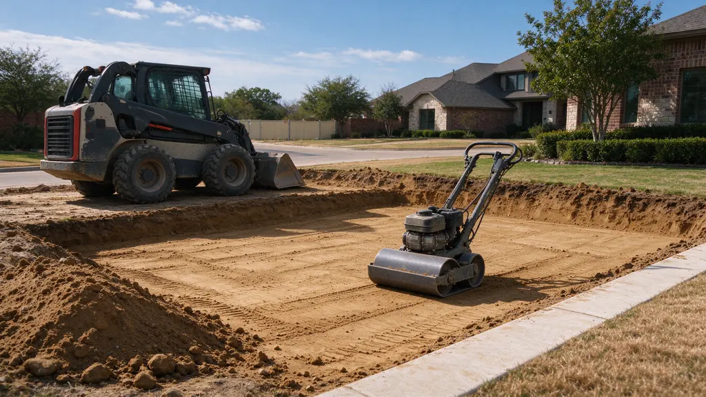 Walk-behind roller beside a partly backfilled excavation